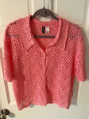 Divided H&M Women’s Short Sleeve Pointelle Knit Crochet Shirt Size Large
